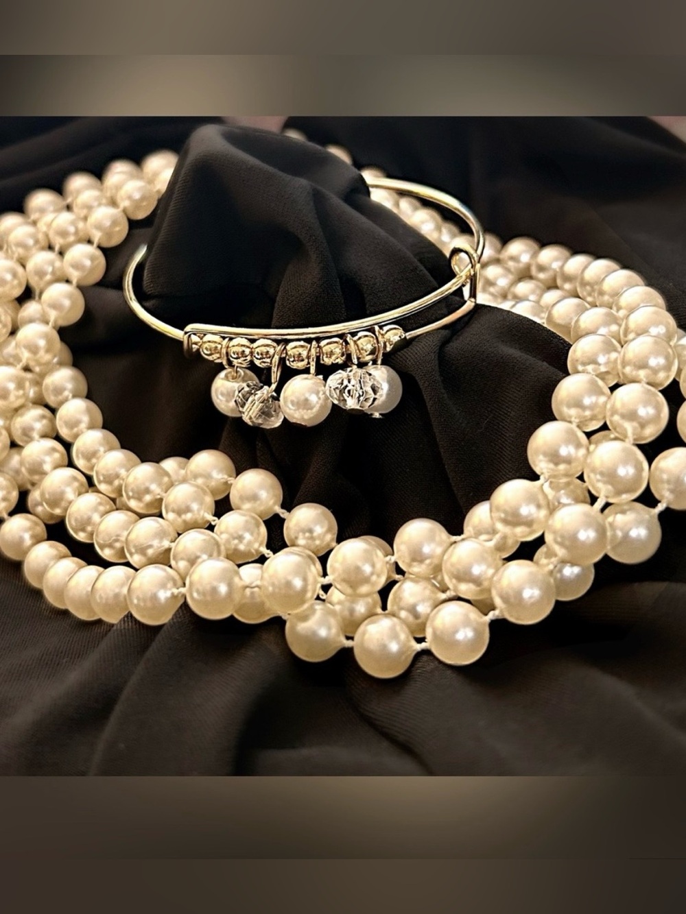 Elegant White Faux Pearl Multi-Strand Necklace with Gold-tone Charm Bracelet